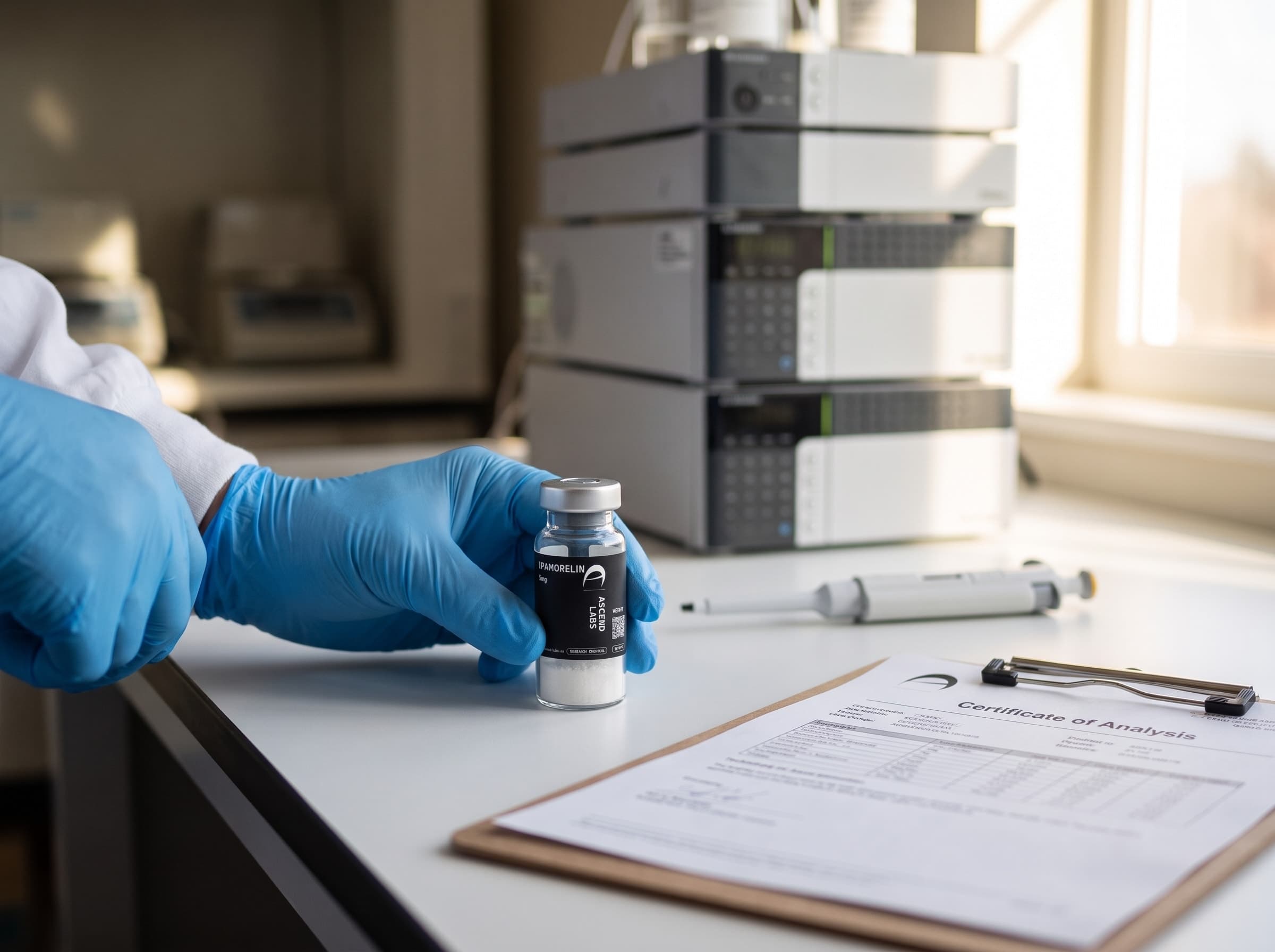 Výskumná liekovka Ipamorelin Ascend Labs v nitrilových rukaviciach vedľa certifikátu analýzy a HPLC prístrojov