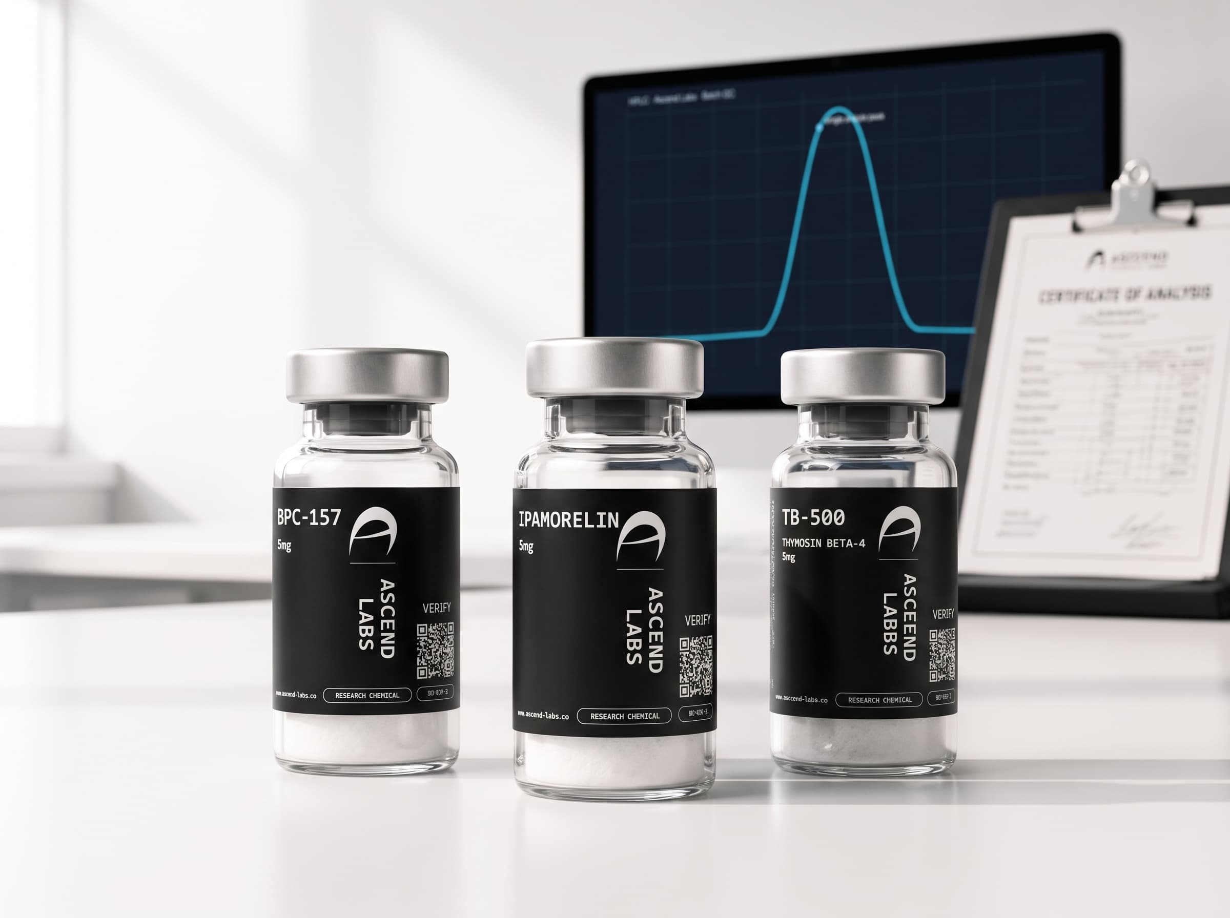 Výskumné liekovky Ascend Labs s čiernymi etiketami, certifikátom analýzy a HPLC overením v laboratóriu kontroly kvality